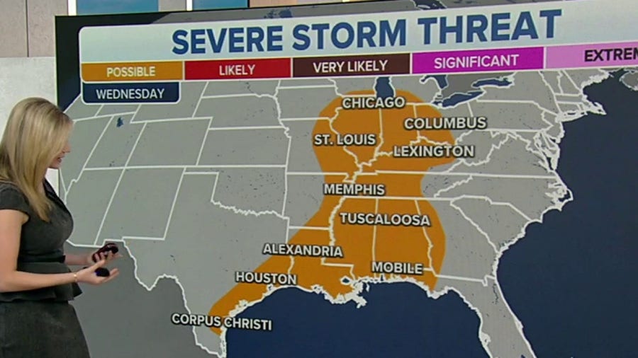 Severe storms possible from Gulf Coast to Midwest on Wednesday