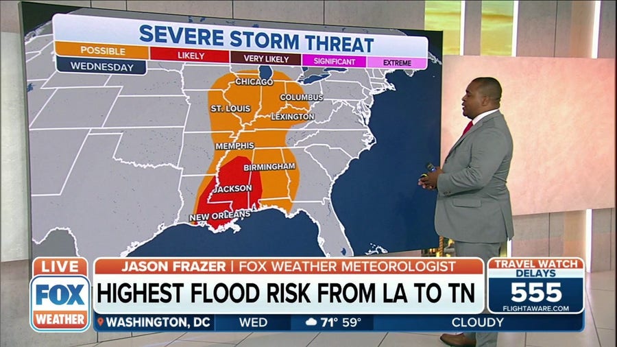 Severe weather, flash flood threats shift toward South, Midwest on Wednesday