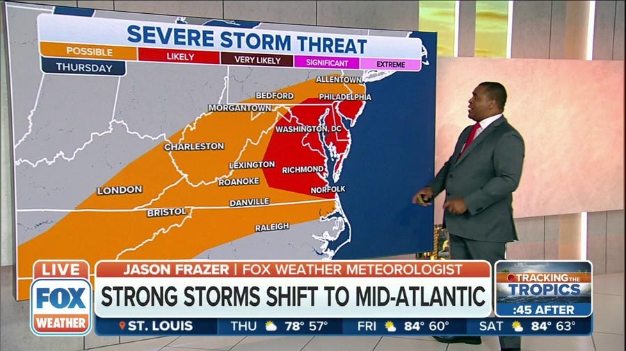 Severe storms with damaging winds, hail shifts to the mid-Atlantic