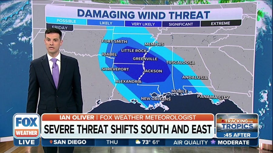 Widespread damaging wind threat for South on Friday