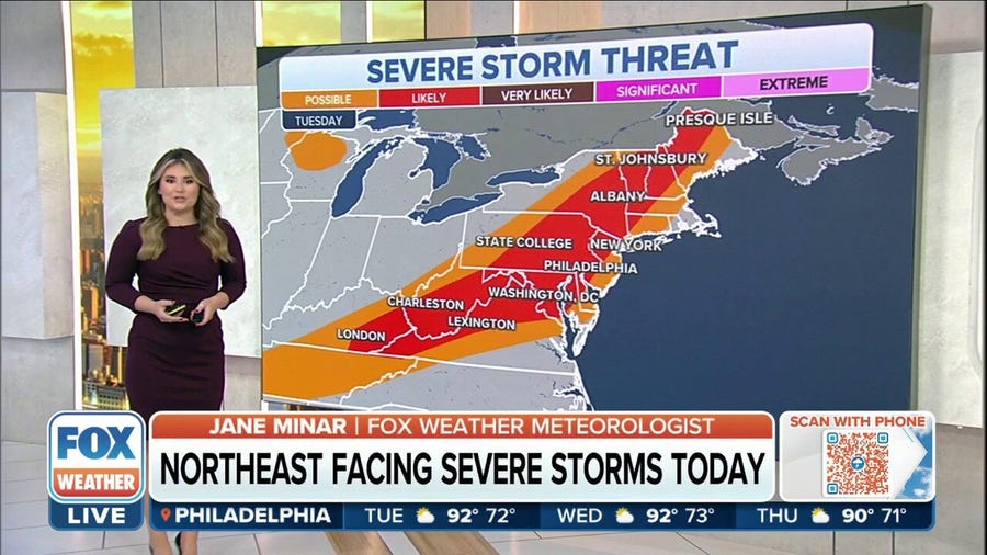 Wind damage primary threat as severe storms aim for Northeast on Tuesday