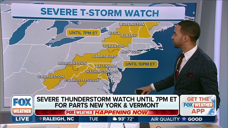 Severe Thunderstorm Watches stretch from Vermont to Virginia