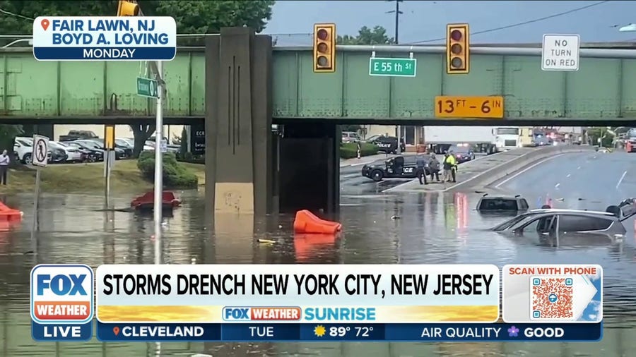 Heavy rains drenched New Jersey and New York causing flooded roads, subways