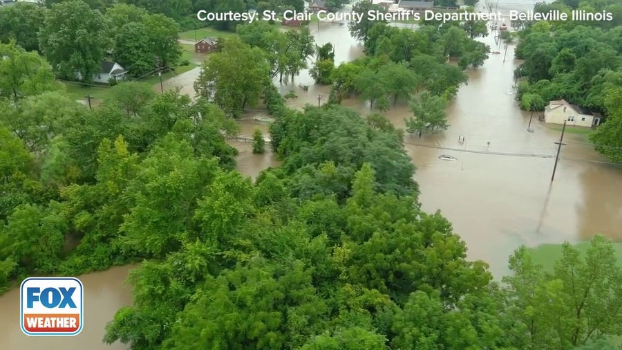 Drone video shows extent of flooding just outside of St. Louis, MO
