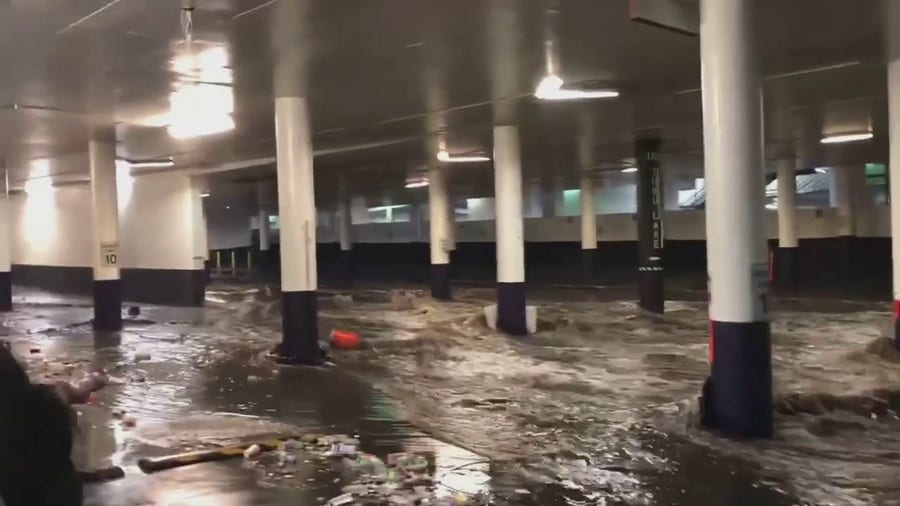 Watch: Heavy rain leads to flooded Las Vegas strip parking garage