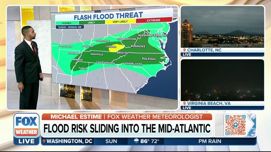 Flash flood risk slides into mid-Atlantic