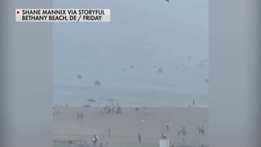 Wind tosses beach umbrellas in Delaware