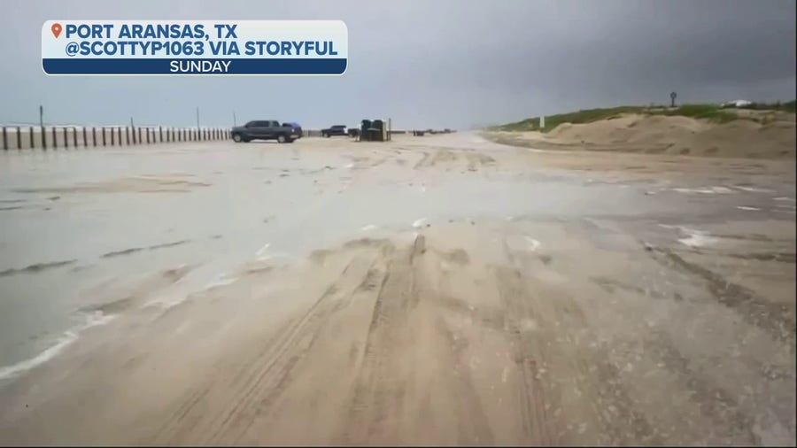 Floodwaters accumulate on Port Aransas, TX coastline  as tropical weather sweeps through