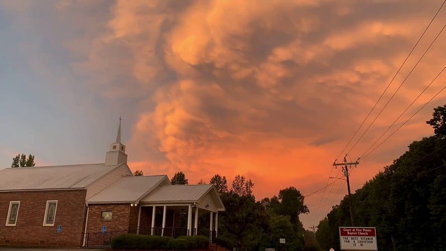 Mammatus clouds appear during sunset in northern Georgia