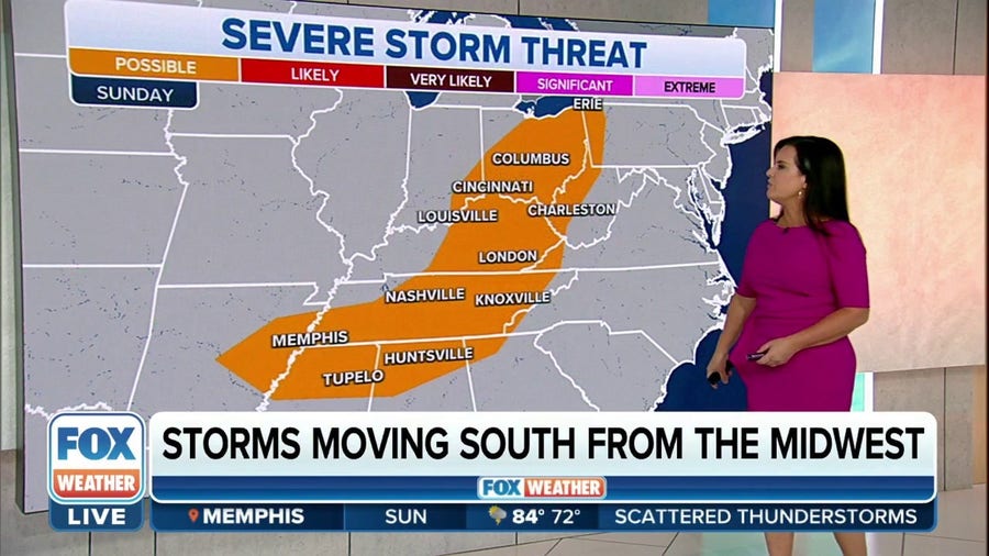 Severe thunderstorms possible from the Ohio Valley to the Southeast on Sunday