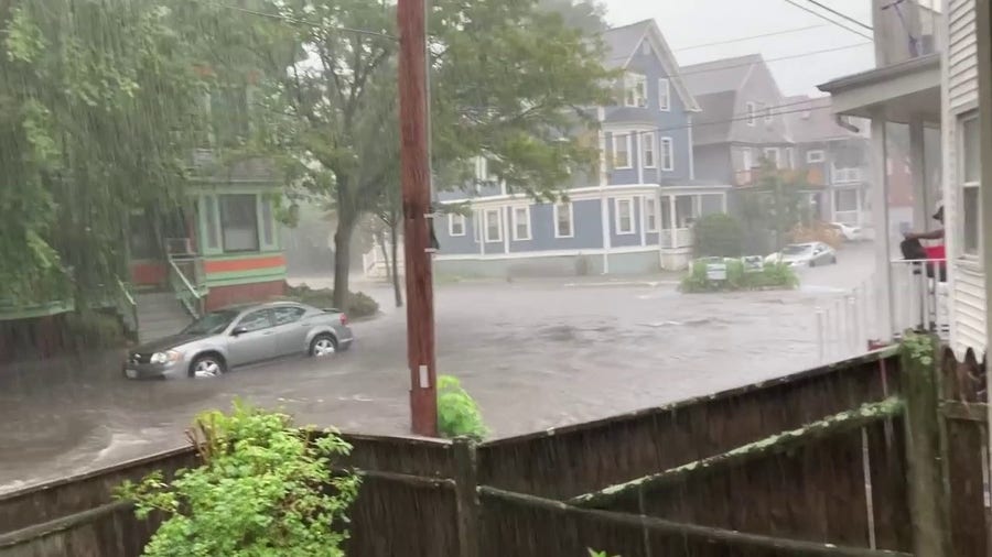 Heavy rain floods roads in Providence, Rhode Island