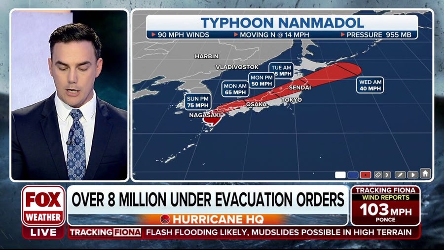 Typhoon Nanmadol  dropping up to a foot of rain across Japan
