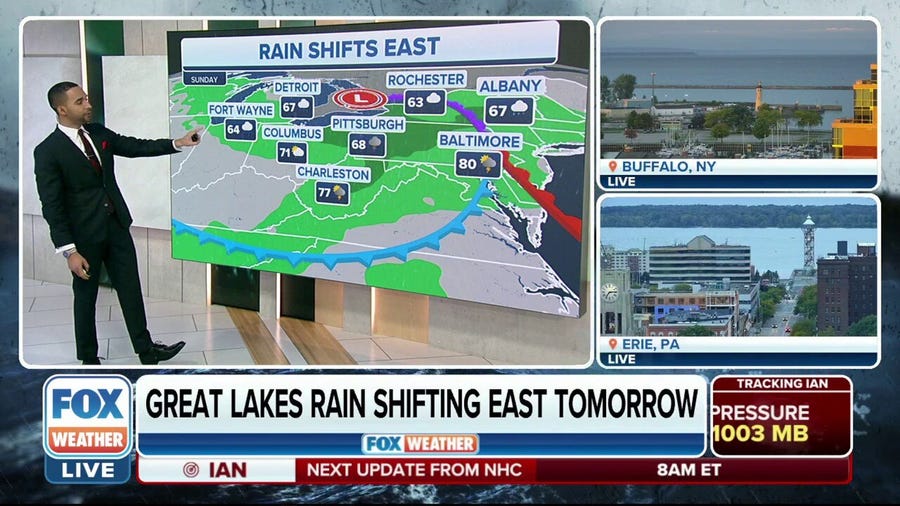 Rain in Great Lakes shifts east on Sunday