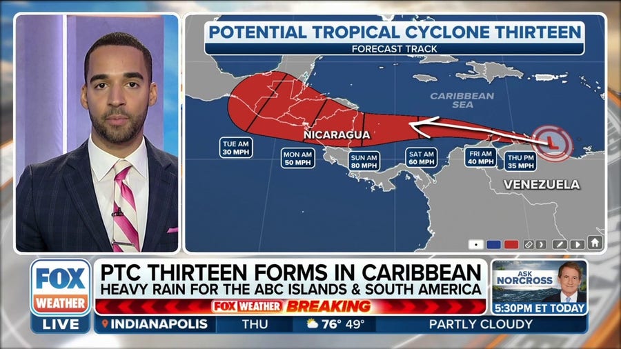 Potential Tropical Cyclone 13 bringing heavy rain to ABC Islands, South America