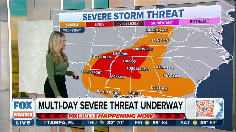 Severe storm threat stretches from Ohio Valley to South Wednesday night