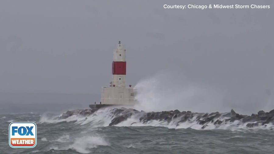 Large waves crash near Michigan lighthouse