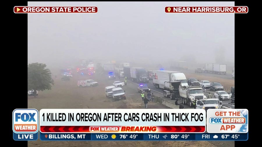 One dead in Oregon after 60 cars crash in fog
