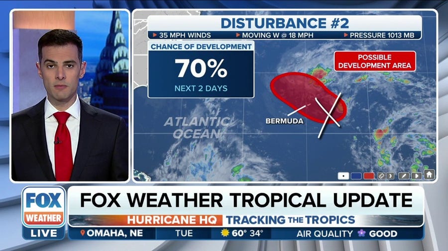 Tropical disturbance south of Bermuda likely to develop