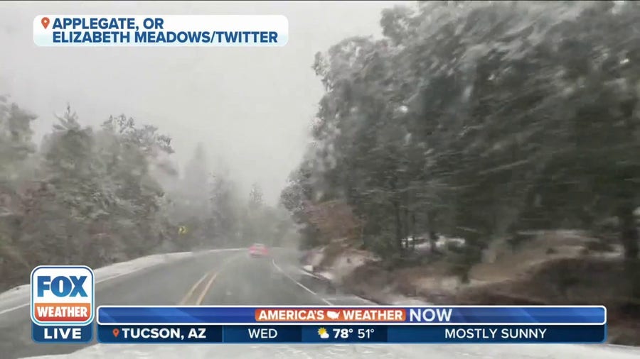 Snowflakes fall in southern Oregon