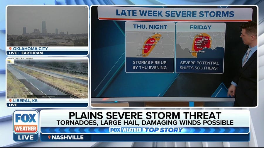 Severe storms, including potential for tornadoes, eye Central and Southern Plains