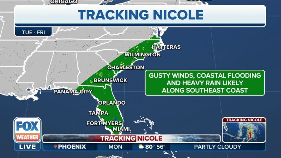 Nicole to bring gusty winds, coastal flooding and heavy rain along Southeast coast