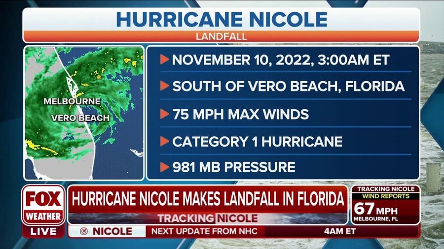 Hurricane Nicole makes landfall south of Vero Beach, Florida as Category 1 hurricane