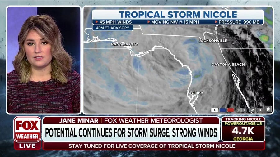 Tropical Storm Nicole straddling along Florida's Big Bend region
