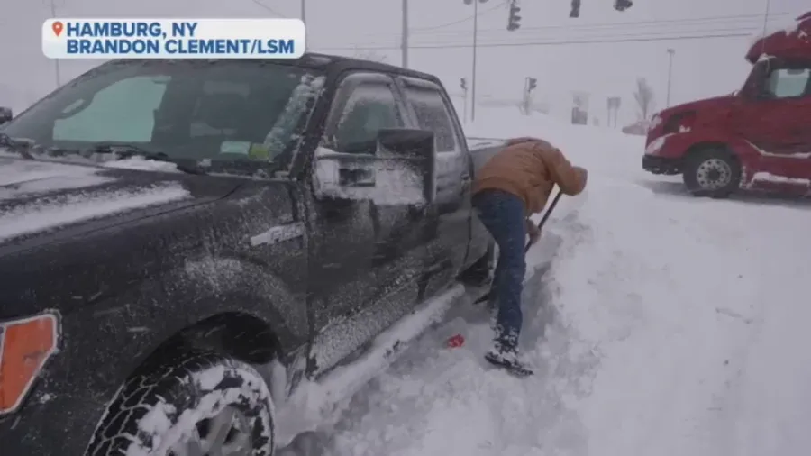 Cars and semis stuck in feet of snow in Hamburg, New York