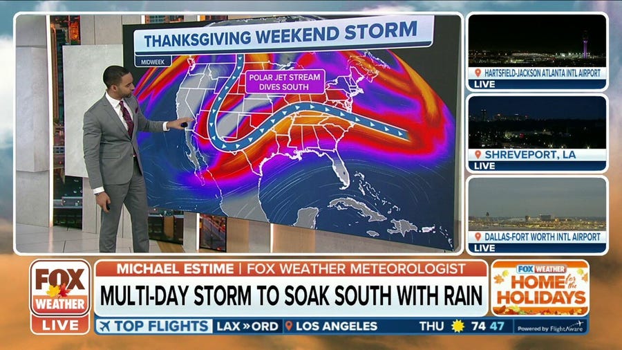 Thanksgiving Weekend storm to soak the South with rain, then move into East