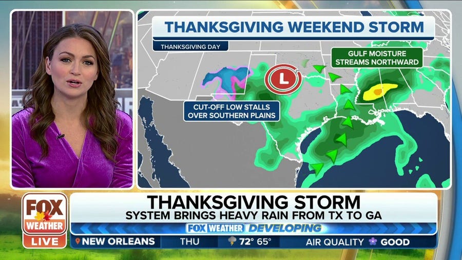 Thanksgiving storm to bring heavy rain from Texas to Georgia
