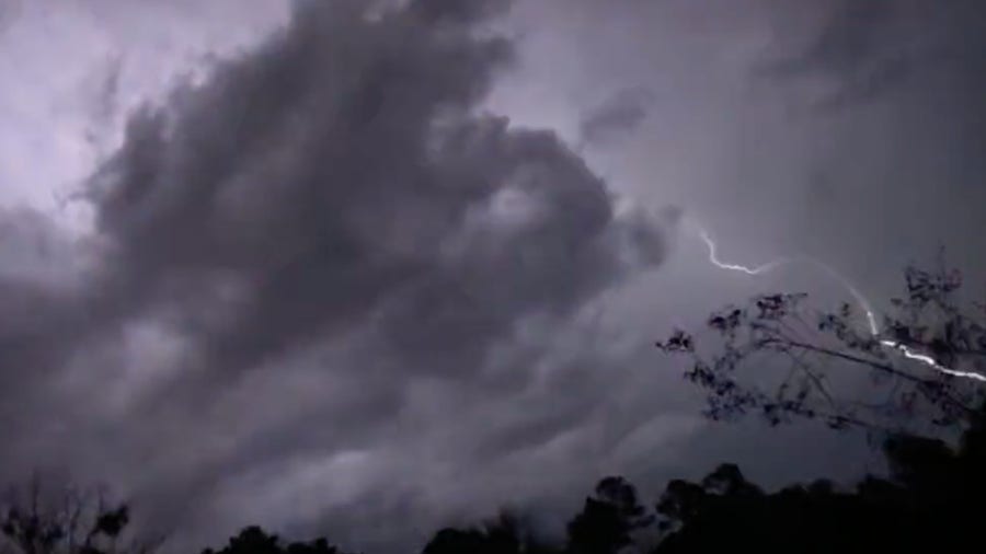 Lightning illuminates the night sky in Starkville, Mississippi