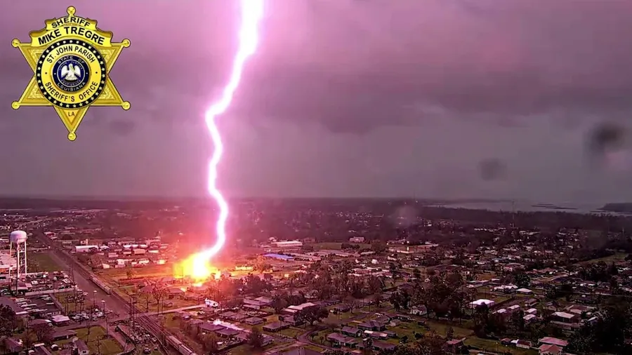 Watch: Bolt of lightning strikes parking lot in Louisiana