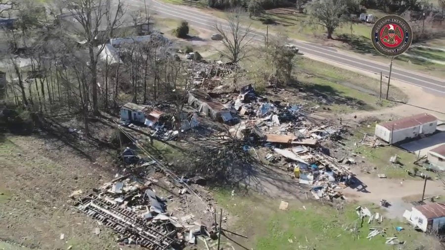 Aerial footage shows damage in Mississippi after band of tornado-warned storms