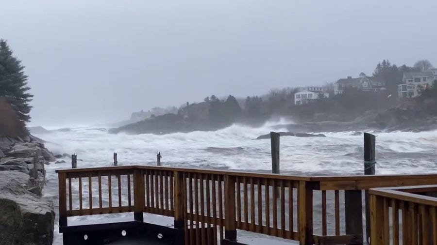 Ogunquit, ME sees strong waves and wind as they reach high tide on the coast