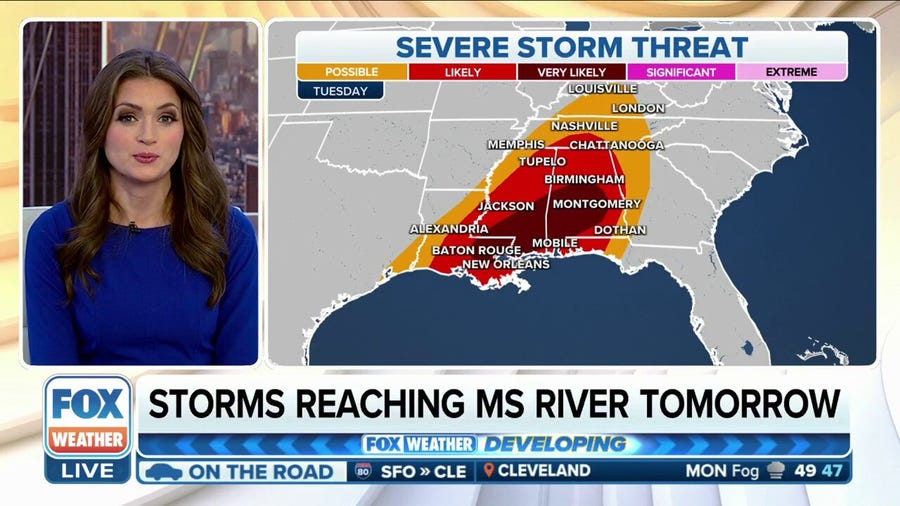 Severe weather threat extends along the Gulf Coast, Southeast on Tuesday