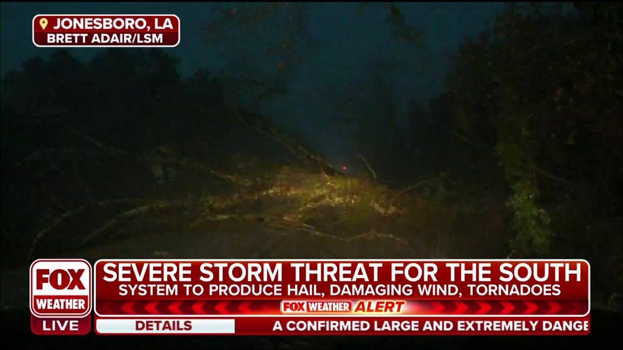 Trees toppled in Jonesboro, Louisiana during tornado-warned storm