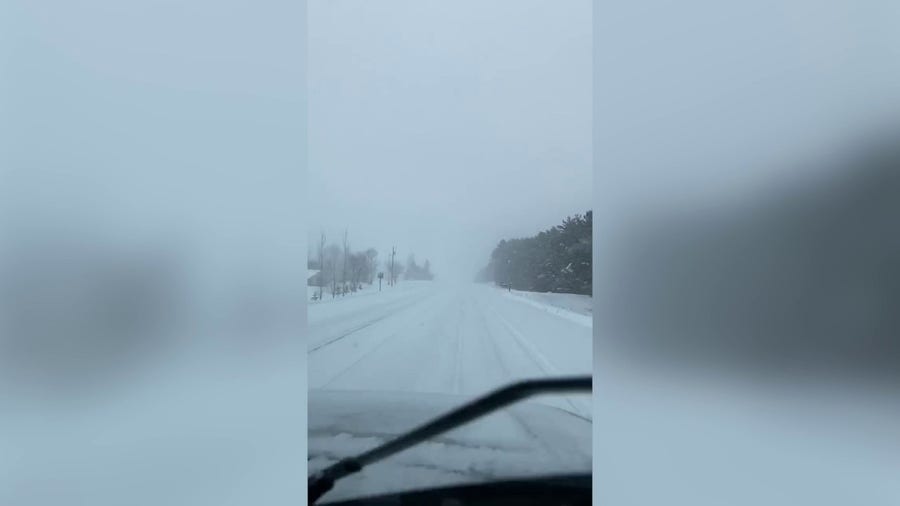 Blowing snow reduces visibility in eastern Minnesota