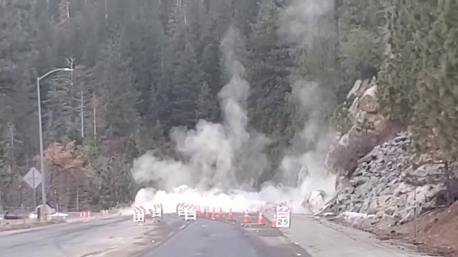 Watch: Crew blows boulder on California highway