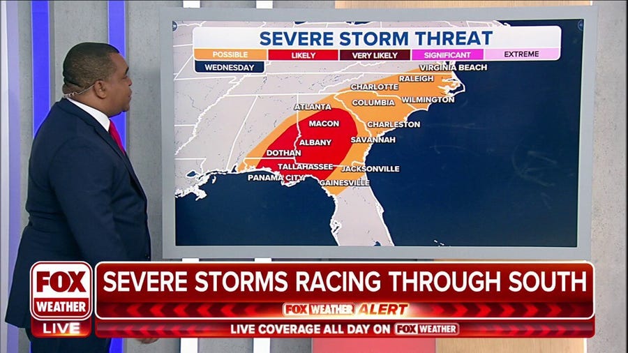 Severe threat stretches from Southeast to the mid-Atlantic on Wednesday