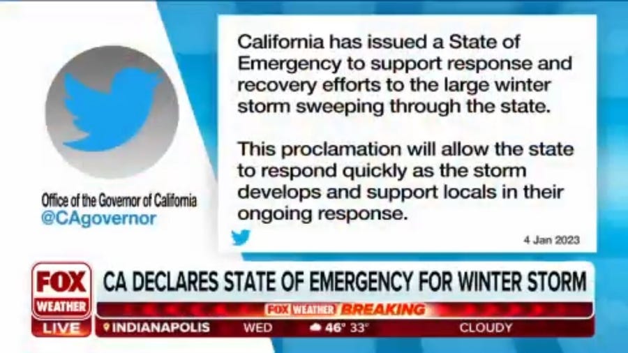 California declares state of emergency as bomb cyclone slams state