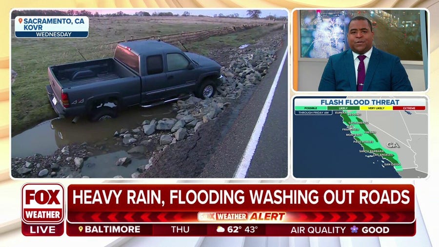 Heavy rain, flooding washing out roads in CA, thousands without power