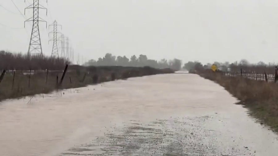 Bomb cyclone floods road in northeast California
