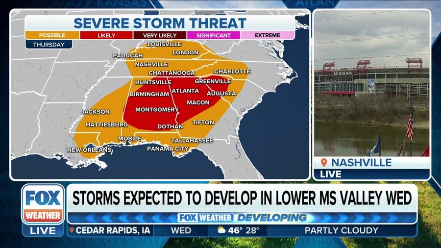 Tracking severe weather threat in Southeast on Thursday