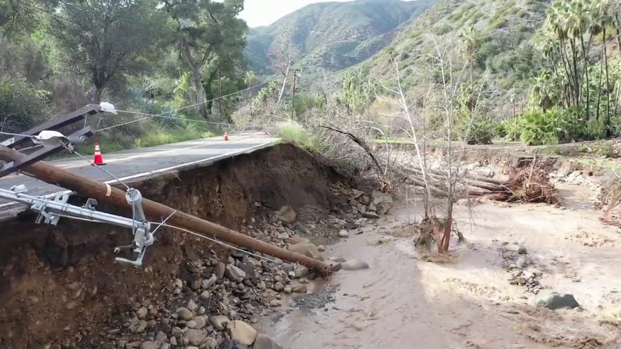California road crumbles in Los Padres National Forest due to storm
