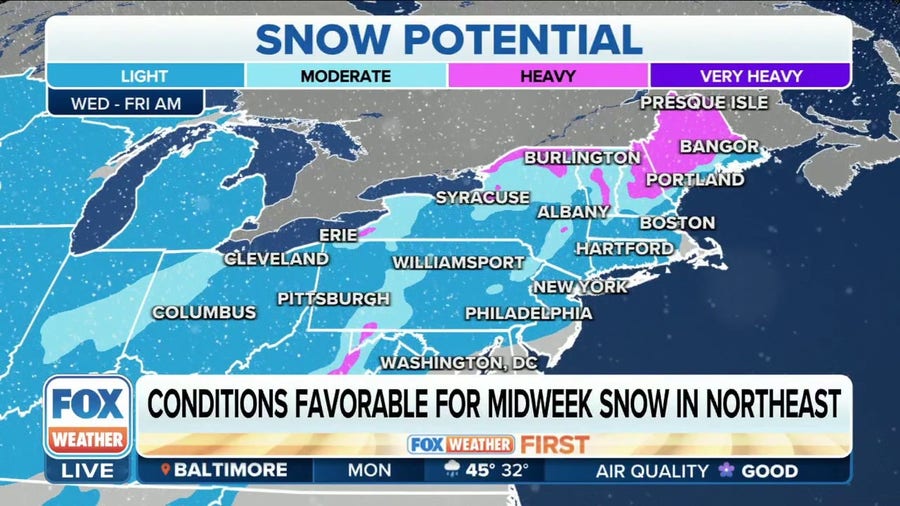 Conditions favorable for midweek winter storm to bring snow to parts of Northeast