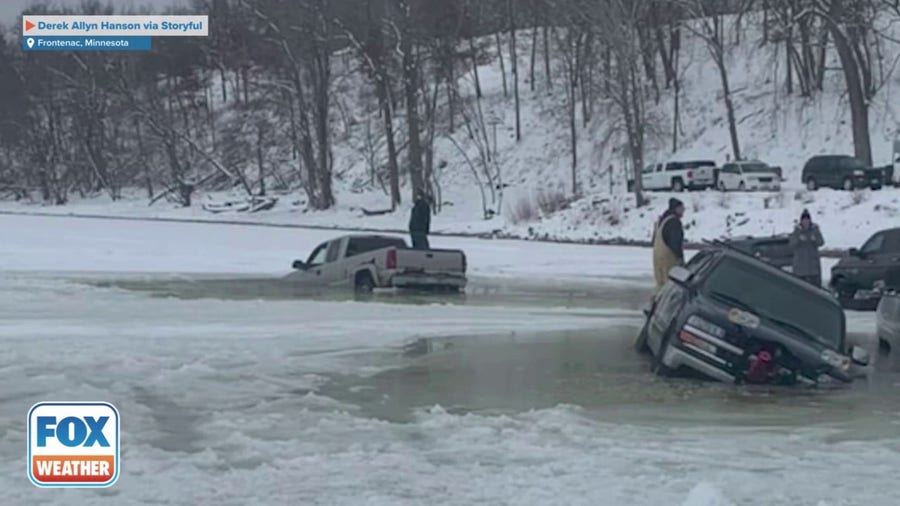 Trucks break through ice on Minnesota lake