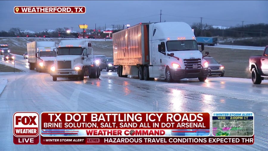 Line of semi-trucks get stuck on icy incline on Interstate 20 in Texas