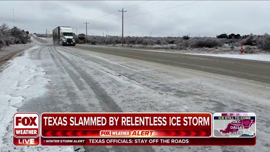 Central Texas roads, prairies covered in ice