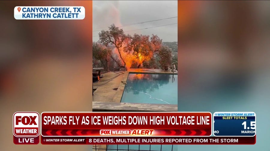 High voltage line fire in Central Texas during ice storm