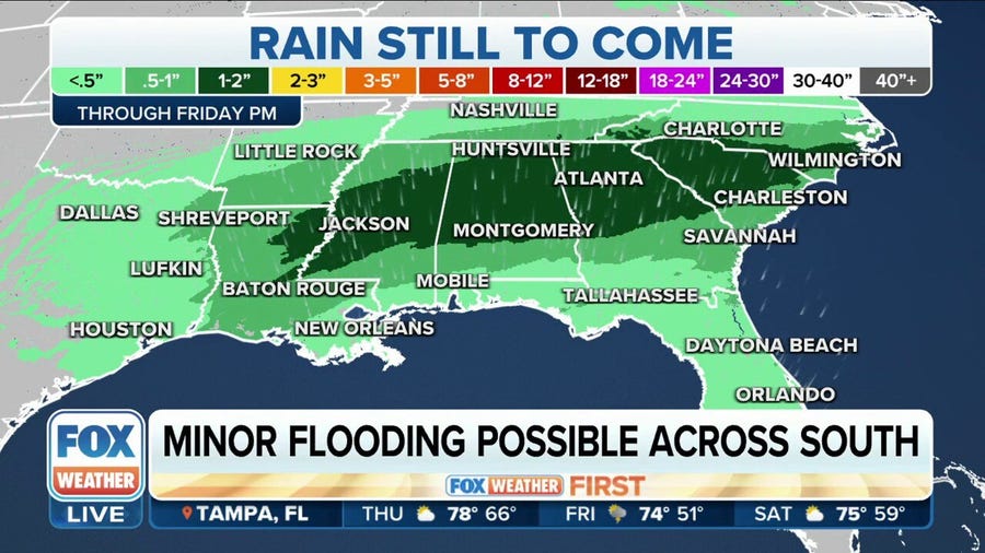 Southeast, Gulf Coast could see minor flooding Thursday as soaking rain drenches region